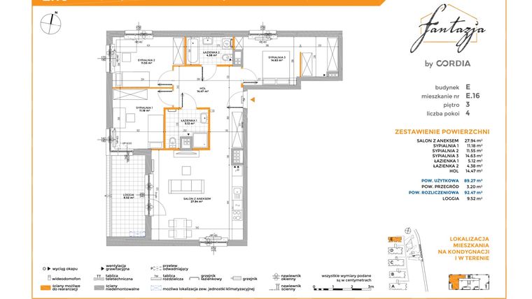 Rzut - Mieszkanie na sprzedaż 4 pokoje o powierzchni 92,54 m² - numer E.16 w Fantazja