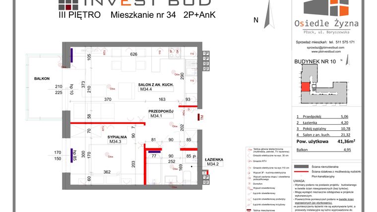 Rzut - Mieszkanie na sprzedaż 2 pokoje o powierzchni 41,36 m² - numer B10.34 w Osiedle "Żyzna"