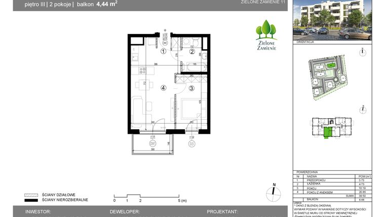 Rzut - Mieszkanie na sprzedaż 2 pokoje o powierzchni 39,5 m² - numer 1C.22 w Zielone Zamienie XI