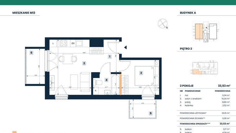 Rzut - Mieszkanie na sprzedaż 2 pokoje o powierzchni 33,15 m² - numer M13 w Reneta