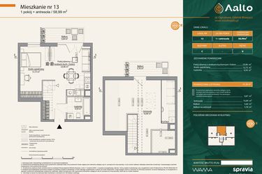 Rzut - Mieszkanie na sprzedaż 1 pokój o powierzchni 58,99 m² - numer C.13 w Aalto