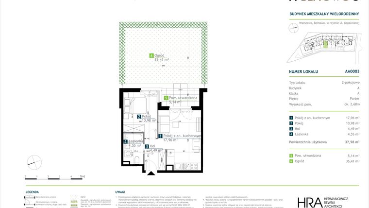 Rzut - Mieszkanie na sprzedaż 2 pokoje o powierzchni 37,98 m² - numer AA0003 w M Bemowo