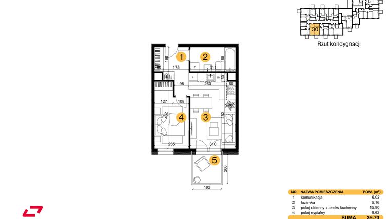 Rzut - Mieszkanie na sprzedaż 2 pokoje o powierzchni 36,7 m² - numer M30 w Punkt Wola