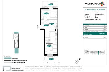 Rzut - Mieszkanie na sprzedaż 2 pokoje o powierzchni 46,51 m² - numer B28 w Milczańska 18