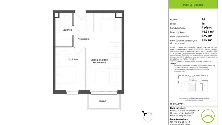 Rzut - Mieszkanie na sprzedaż 2 pokoje o powierzchni 44,31 m² - numer OP/A2/P2/16 w Osiedle Pogodne etap I