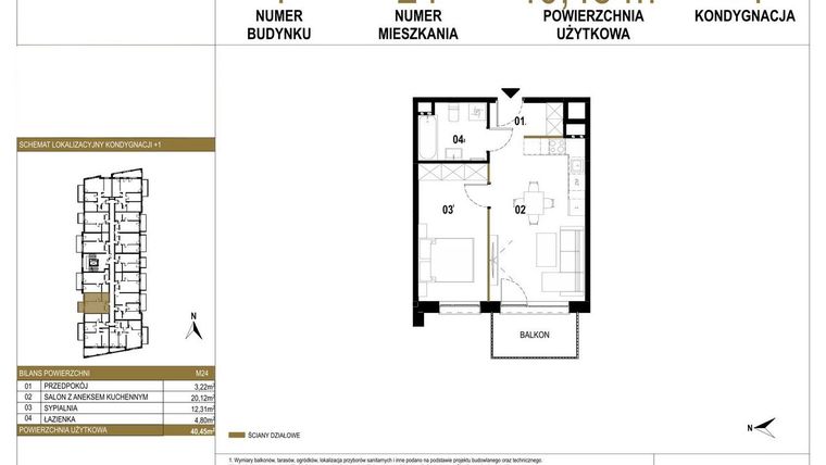 Rzut - Mieszkanie na sprzedaż 2 pokoje o powierzchni 40,45 m² - numer 1.M24 w Osiedle Saturna