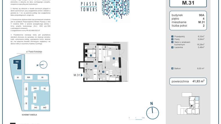 Rzut - Mieszkanie na sprzedaż 2 pokoje o powierzchni 41,93 m² - numer 31 w Piasta Towers bud. 90A