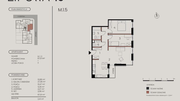Rzut - Mieszkanie na sprzedaż 3 pokoje o powierzchni 67,01 m² - numer M.1.5 w Lipowa 43