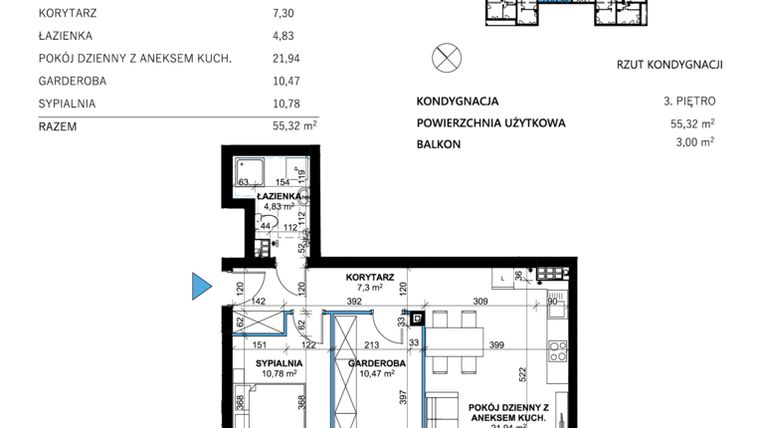 Rzut - Mieszkanie na sprzedaż 3 pokoje o powierzchni 55,32 m² - numer 22 w Comfort Corner
