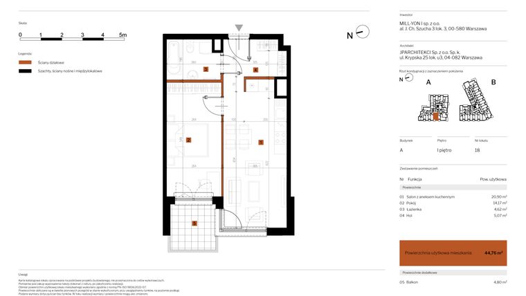 Rzut - Mieszkanie na sprzedaż 2 pokoje o powierzchni 44,76 m² - numer 18 w MY Głębocka
