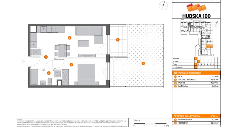 Rzut - Mieszkanie na sprzedaż 2 pokoje o powierzchni 37,06 m² - numer B.12 w Hubska 100