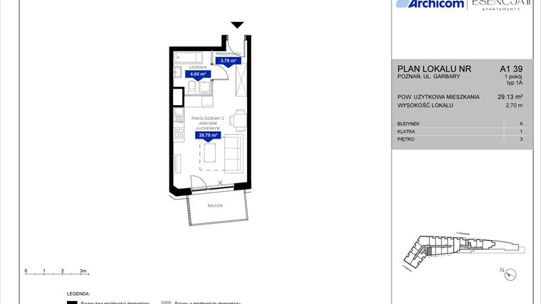 Rzut - Mieszkanie na sprzedaż 1 pokój o powierzchni 29,05 m² - numer A1.39 w Apartamenty Esencja II