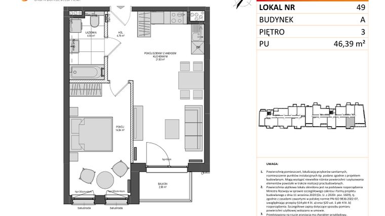 Rzut - Mieszkanie na sprzedaż 2 pokoje o powierzchni 46,39 m² - numer A.49 w Jaskółcza
