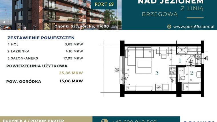 Rzut - Mieszkanie na sprzedaż 1 pokój o powierzchni 25,86 m² - numer A-03 w Port 69