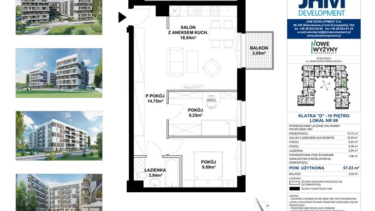 Rzut - Mieszkanie na sprzedaż 3 pokoje o powierzchni 57,34 m² - numer D89 w Nowe Wyżyny Apartamenty