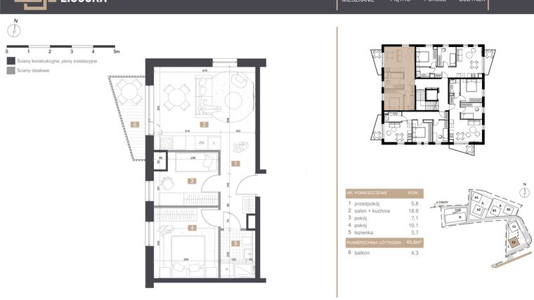 Rzut - Mieszkanie na sprzedaż 3 pokoje o powierzchni 45,6 m² - numer C2_M1 w Stacja Ligocka