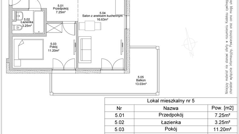 Rzut - Mieszkanie na sprzedaż 2 pokoje o powierzchni 38,33 m² - numer 5 w Apartamenty Jasińskiego
