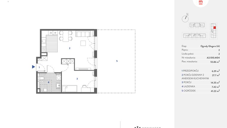 Rzut - Mieszkanie na sprzedaż 2 pokoje o powierzchni 55,94 m² - numer A3.100.M04 w Mieszkaj w mieście - Ogrody Glogera
