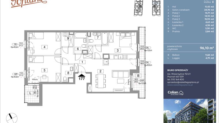 Rzut - Mieszkanie na sprzedaż 4 pokoje o powierzchni 96,1 m² - numer F177 w Goplana budynek F