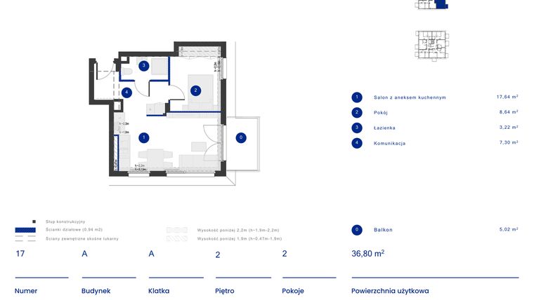Rzut - Mieszkanie na sprzedaż 2 pokoje o powierzchni 36,8 m² - numer A.17 w Osiedle Inverso