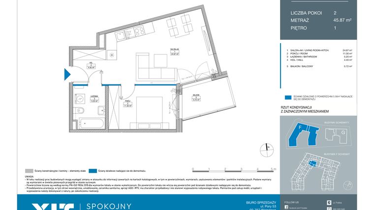 Rzut - Mieszkanie na sprzedaż 2 pokoje o powierzchni 45,87 m² - numer FA0104 w Spokojny Mokotów etap II