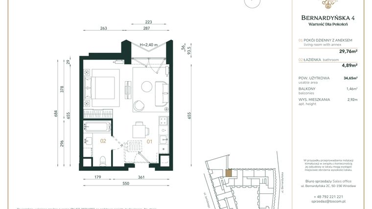 Rzut - Mieszkanie na sprzedaż 1 pokój o powierzchni 34,65 m² - numer A/4/02 w Bernardyńska 4