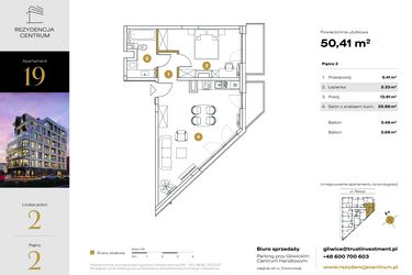 Rzut - Mieszkanie na sprzedaż 2 pokoje o powierzchni 50,41 m² - numer 19 w Rezydencja Centrum