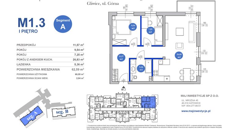 Rzut - Mieszkanie na sprzedaż 3 pokoje o powierzchni 60,55 m² - numer M1.3 w Osiedle Majowe 2.0 etap II