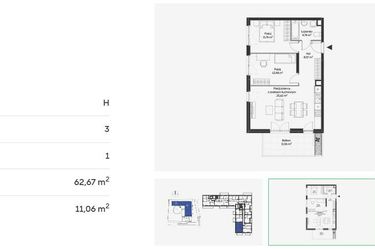 Rzut - Mieszkanie na sprzedaż 3 pokoje o powierzchni 62,67 m² - numer HB0107 w Holm House 5