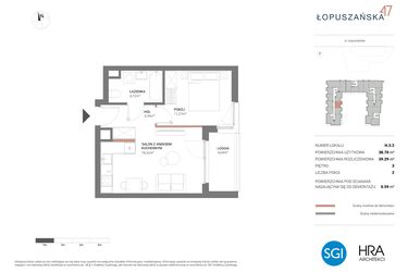 Rzut - Mieszkanie na sprzedaż 2 pokoje o powierzchni 39,29 m² - numer H.3.2 w Łopuszańska 47 - etap 3