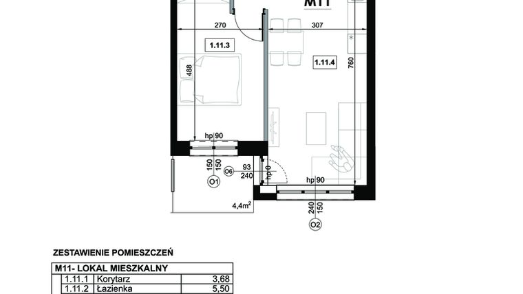 Rzut - Mieszkanie na sprzedaż 2 pokoje o powierzchni 42,99 m² - numer M11 w Miejska Premium II