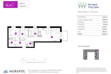 Rzut - Mieszkanie na sprzedaż 4 pokoje o powierzchni 56,42 m² - numer 2.B.3.01 w Murapol Trzy Lipki etap II