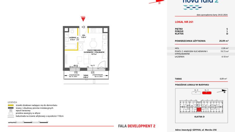 Rzut - Mieszkanie na sprzedaż 1 pokój o powierzchni 26,09 m² - numer 261 w Miasteczko Nova Fala 2