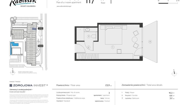 Rzut - Mieszkanie na sprzedaż 1 pokój o powierzchni 23,9 m² - numer 117 w Radisson Resort, Kołobrzeg