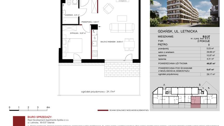 Rzut - Mieszkanie na sprzedaż 2 pokoje o powierzchni 49,87 m² - numer B.0.37 w Letnicka Residence