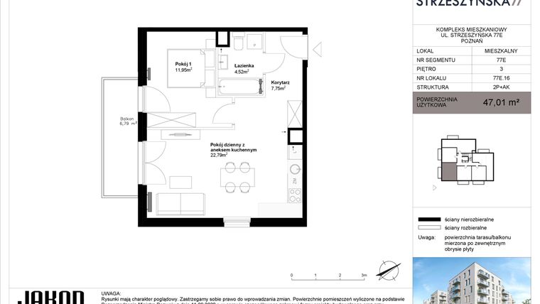 Rzut - Mieszkanie na sprzedaż 2 pokoje o powierzchni 47,01 m² - numer 77E.16 w Strzeszyńska 77