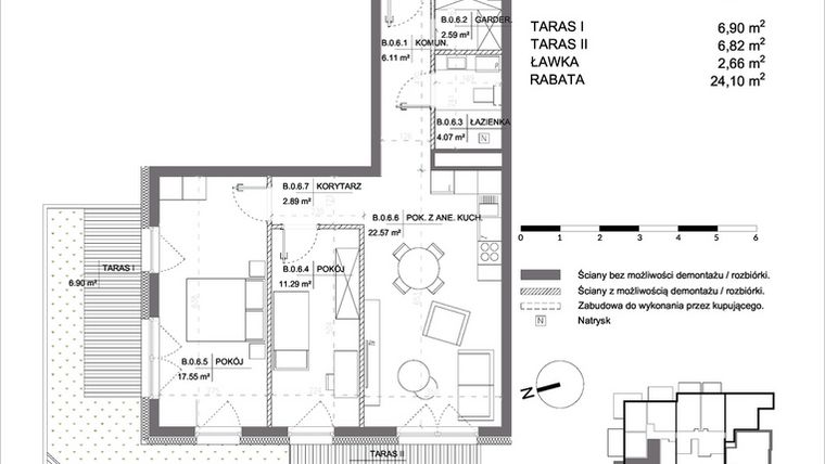 Rzut - Mieszkanie na sprzedaż 3 pokoje o powierzchni 67,07 m² - numer B.0.6 w Polanka 21