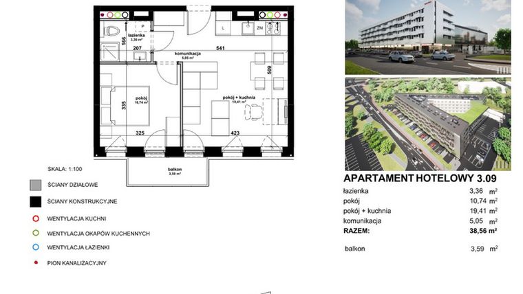 Rzut - Mieszkanie na sprzedaż 2 pokoje o powierzchni 38,43 m² - numer 309 w Apartamentowiec Zwycięska 3 - inwestycyjne