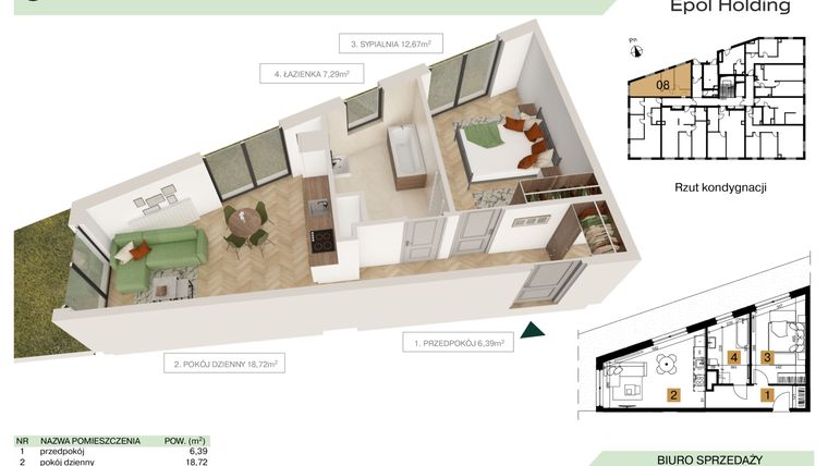 Rzut - Mieszkanie na sprzedaż 2 pokoje o powierzchni 45,07 m² - numer B1.M8 w Tutaj Bunscha
