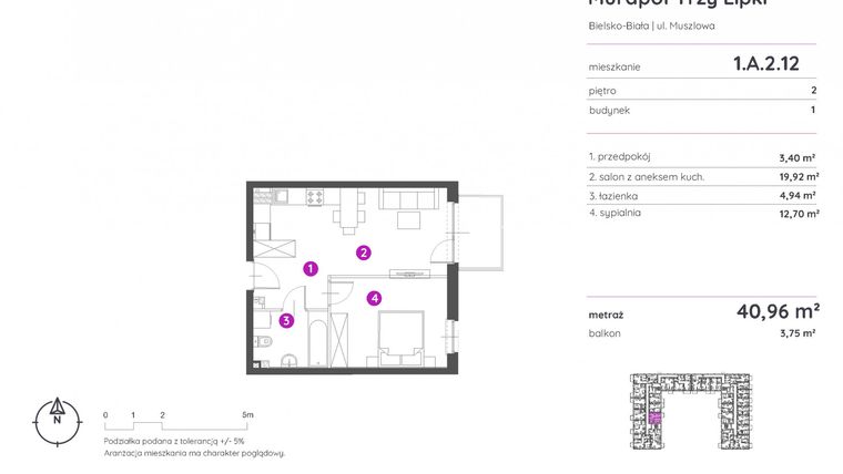 Rzut - Mieszkanie na sprzedaż 2 pokoje o powierzchni 40,96 m² - numer 1.A.2.12 w Murapol Trzy Lipki