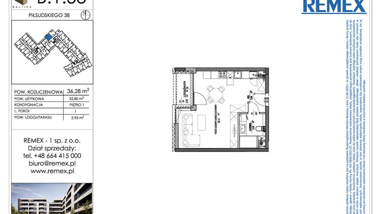 Rzut - Mieszkanie na sprzedaż 1 pokój o powierzchni 35,8 m² - numer B.1.53 w Osiedle BALTICA