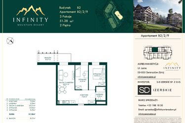 Rzut - Mieszkanie na sprzedaż 3 pokoje o powierzchni 51,38 m² - numer B2.2.9 w Infinity Mountain Resort