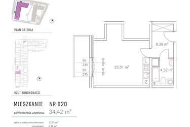 Rzut - Mieszkanie na sprzedaż 1 pokój o powierzchni 34,42 m² - numer D20 w Osiedle Impresja 2