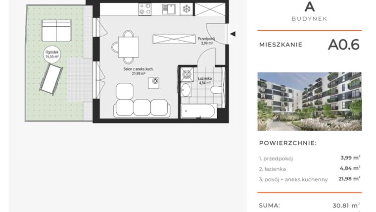 Rzut - Mieszkanie na sprzedaż 1 pokój o powierzchni 30,81 m² - numer A0.6 w Enklawa Bukowa