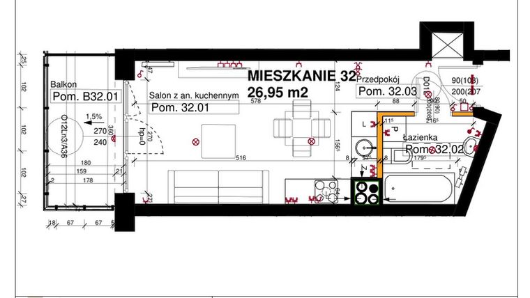 Rzut - Mieszkanie na sprzedaż 1 pokój o powierzchni 26,95 m² - numer M32 w Srebrzyńska Park IV