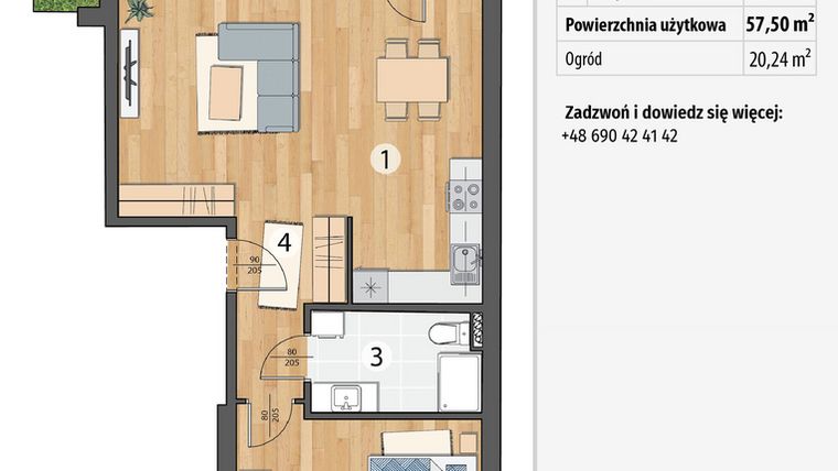 Rzut - Mieszkanie na sprzedaż 2 pokoje o powierzchni 57,5 m² - numer G1-03 w Smolec pod Wrocławem Dobry Deweloper Milo