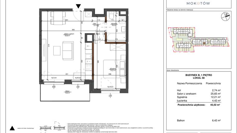 Rzut - Mieszkanie na sprzedaż 2 pokoje o powierzchni 45 m² - numer 58 w Aura Mokotów II