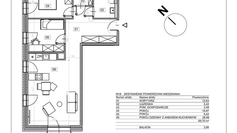 Rzut - Mieszkanie na sprzedaż 3 pokoje o powierzchni 69,7 m² - numer I.M18 w Osiedle Glivia Zachodnia