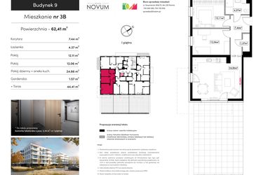 Rzut - Mieszkanie na sprzedaż 3 pokoje o powierzchni 62,43 m² - numer B9.M3B w Novum Rumia