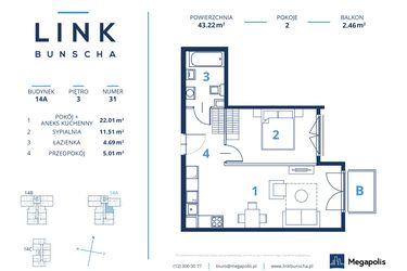 Rzut - Mieszkanie na sprzedaż 2 pokoje o powierzchni 43,22 m² - numer 14A.31 w LINK BUNSCHA